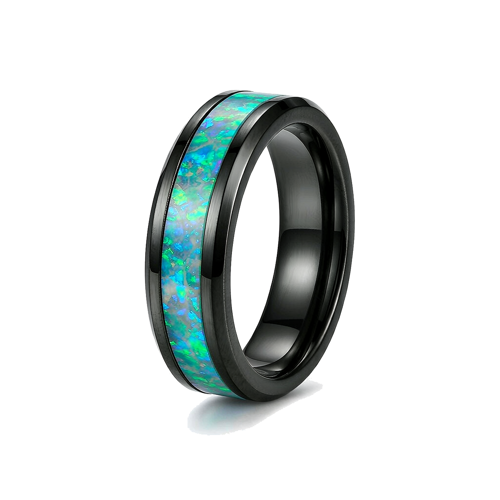 Men Black Tungsten Ring Synthetic Opal Inlay Band