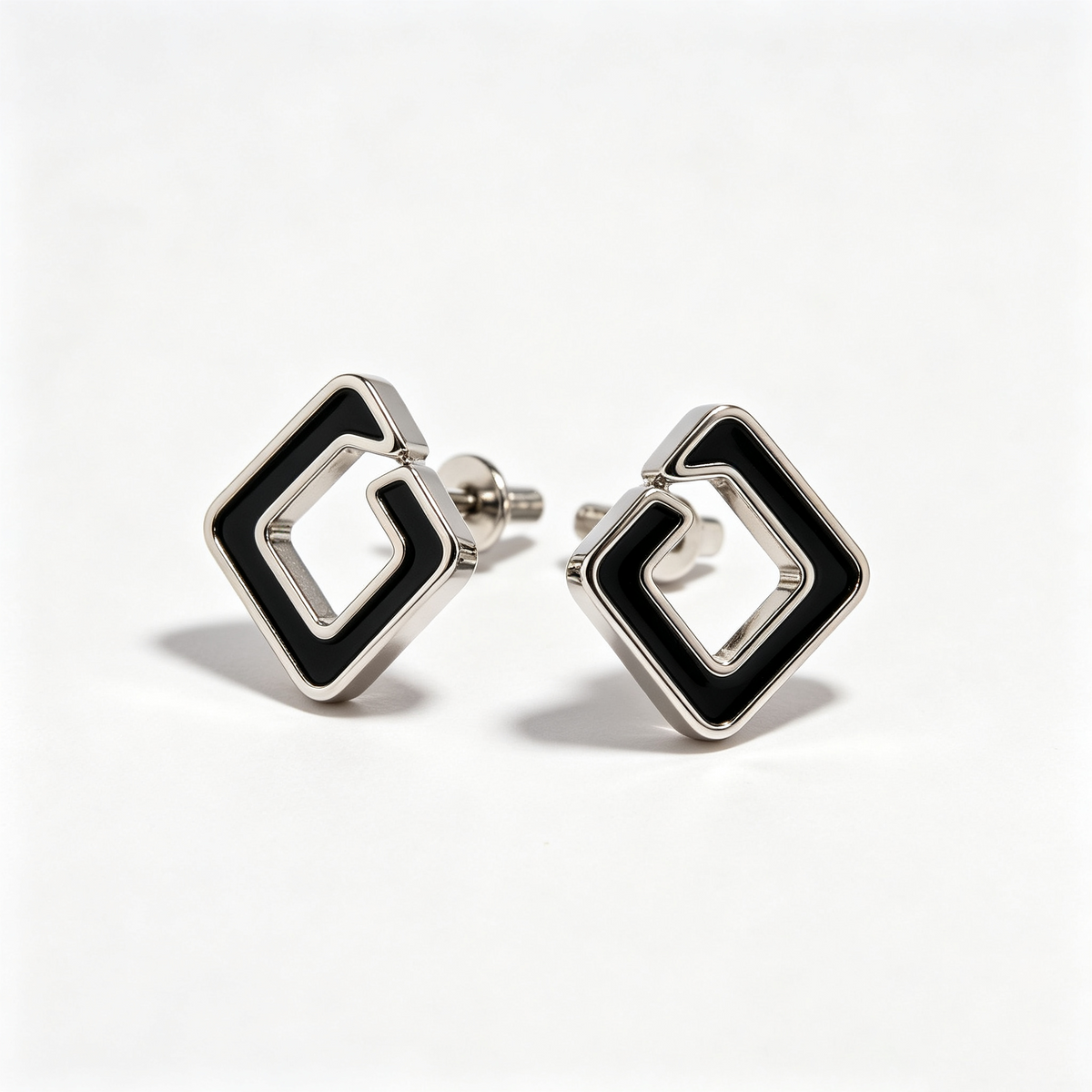 Men Silver Geometric Square Hollow Stud Earrings Black Enamel Inlay Pair