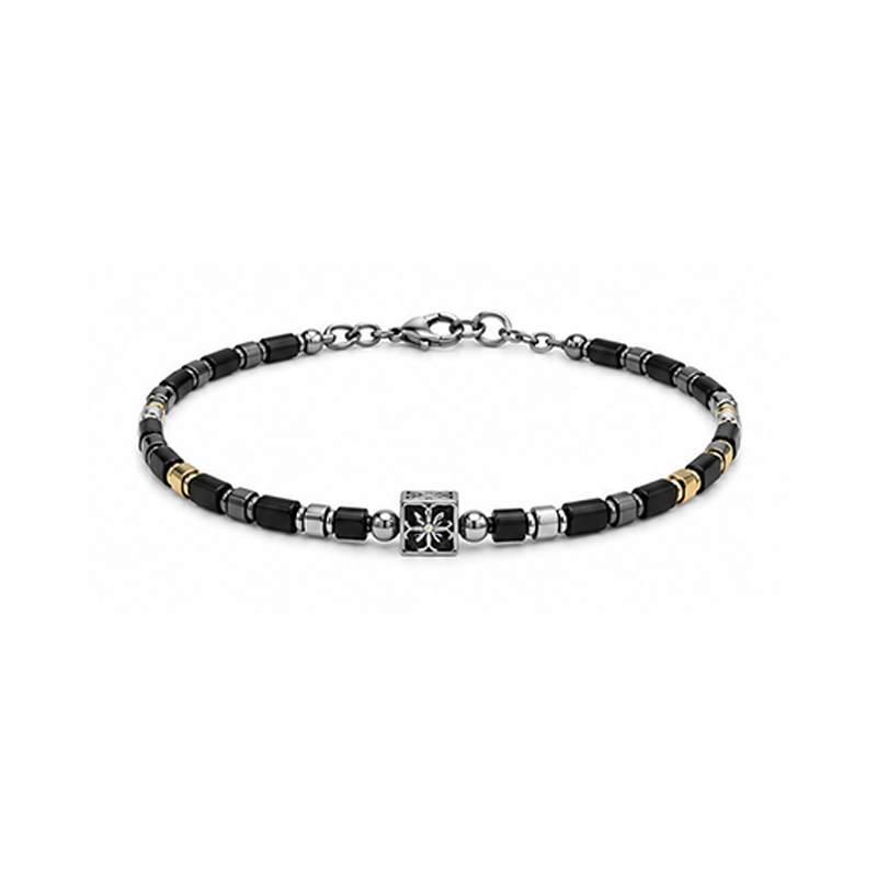 Men Black Hematite Square Beaded Bracelet Vintage Flower Cube Charm Wristband