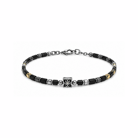Men Black Hematite Square Beaded Bracelet Vintage Flower Cube Charm Wristband