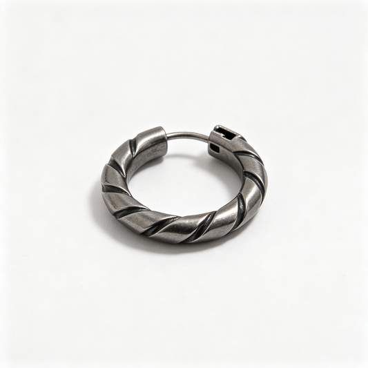 Men Antique Silver Twisted Rope Huggie Hoop Earring Single