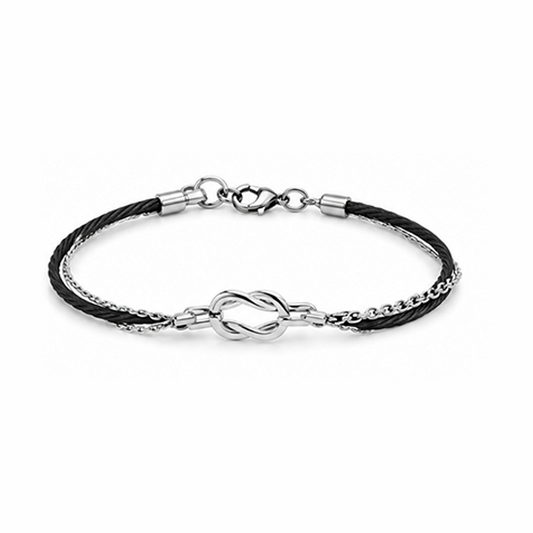 Men Infinity Knot Black Cord & Silver Chain Mixed Bracelet Lobster Clasp