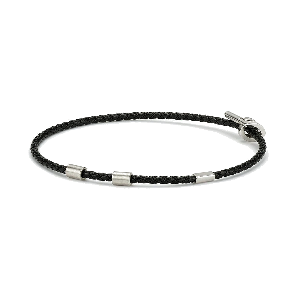 Men Black Braided Leather Bracelet Matte Stainless Steel Beads Toggle Clasp