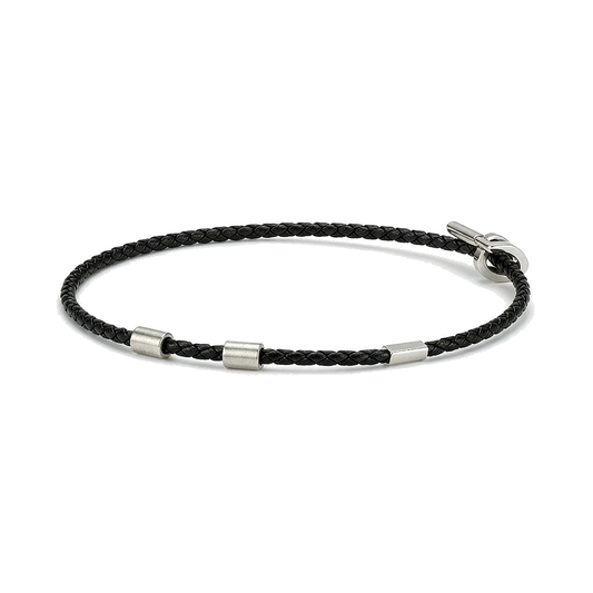 Men Black Braided Leather Bracelet Matte Stainless Steel Beads Toggle Clasp