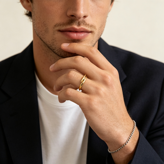 Men Gold Tone Open Cuff Ring Tapered Pointed Split Ends