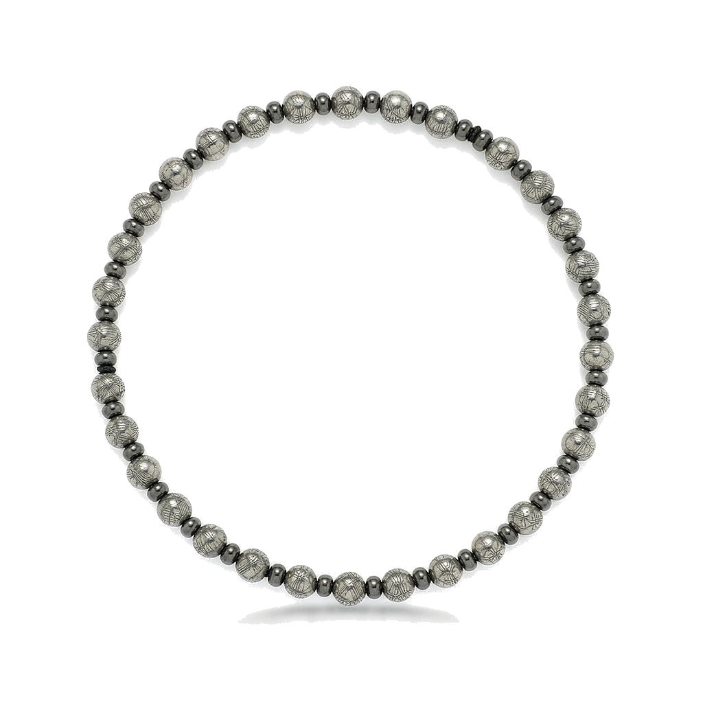 Men Silver Textured & Black Round Bead Alternating Bracelet Elastic Stretch