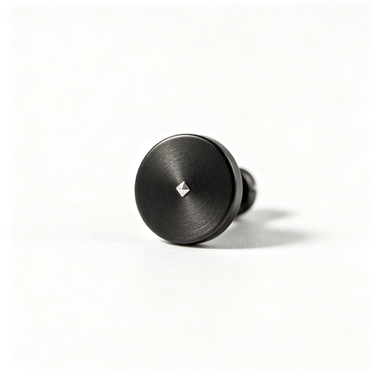 Men Black Brushed Round Disc Stud Earring Tiny Silver Pyramid Inlay Single