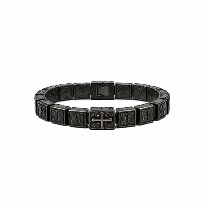 Men Cross Black Box Chain Bracelet Matte Stainless Steel Wristband