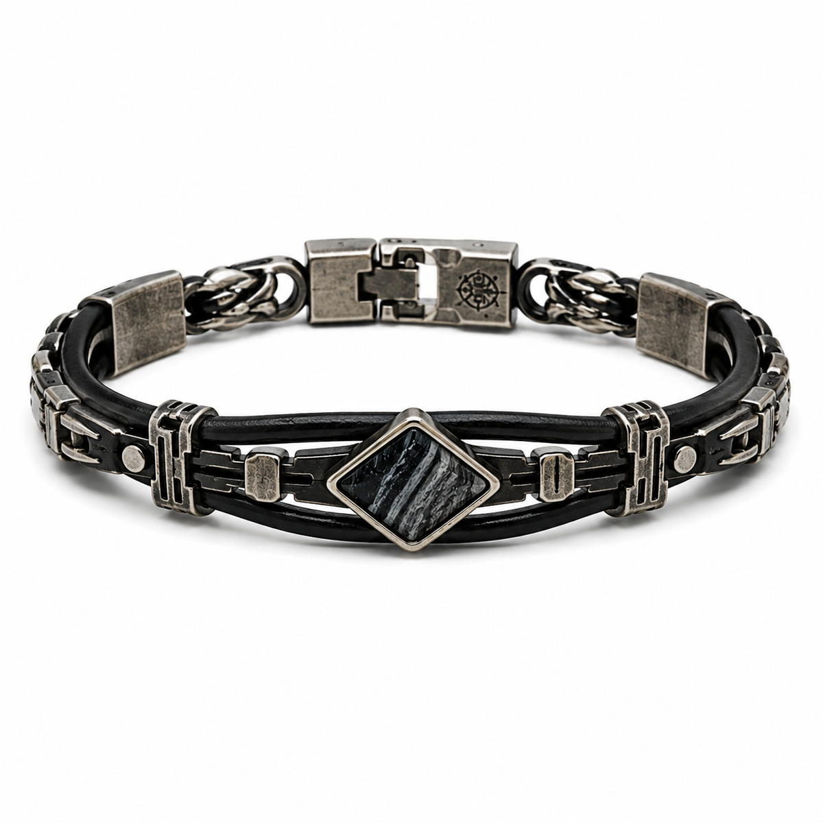 Men Retro Multi‑Layer Leather Bracelet with Square Graphic Stone Inlay Gunmetal Hardware