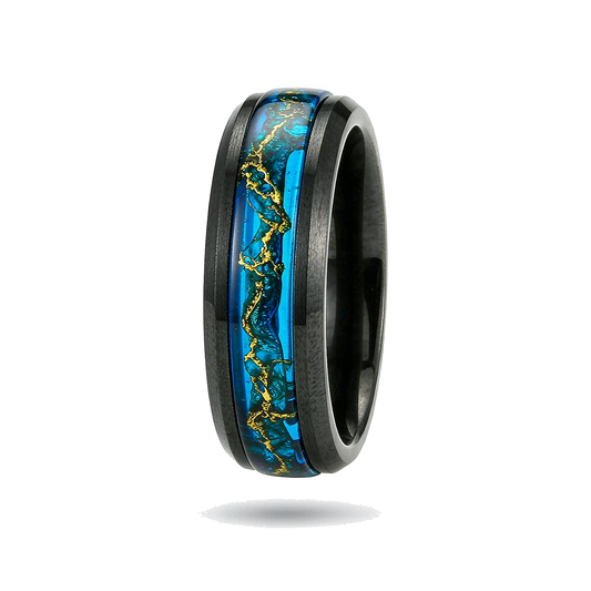 Men Black Tungsten Band Blue Resin Gold Vein Inlay Ring