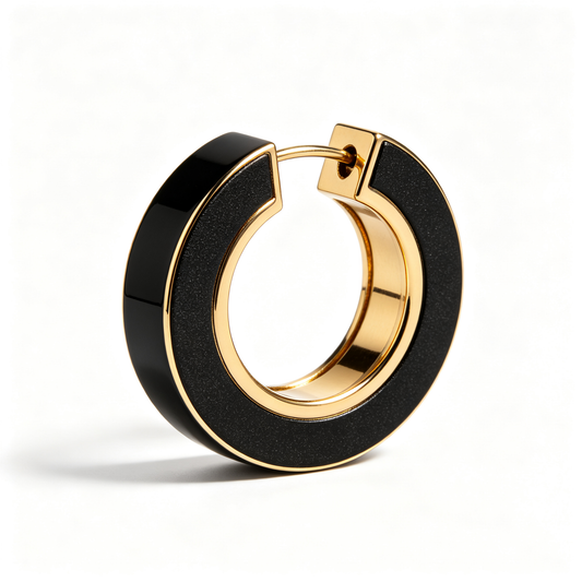 Men Gold‑Tone Black Enamel Chunky Hoop Earring Punk Statement Huggie
