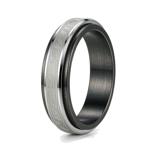 Men Silver Two‑Tone Spinner Ring Geometric Etched Pattern