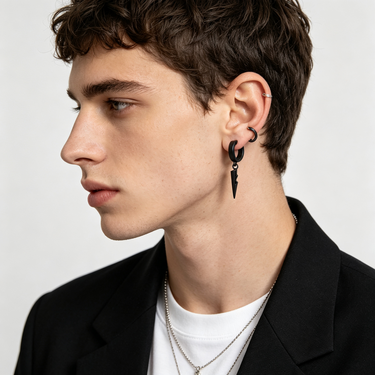 Men Black Lightning Bolt Dangle Huggie Hoop Earring Single