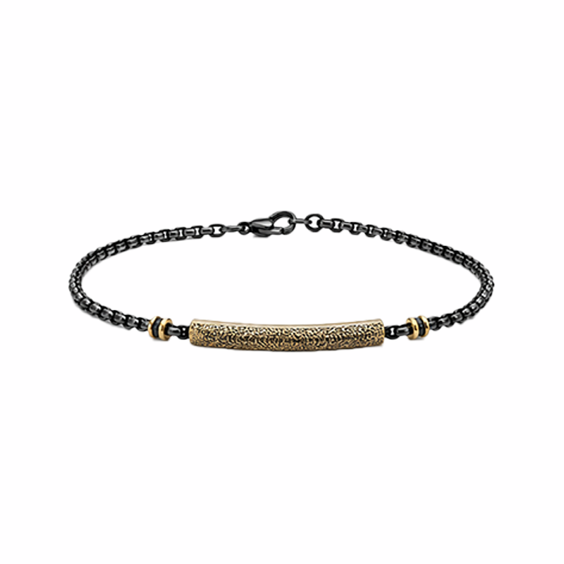 Men Two‑Tone Silver Gold Beaded Chain Bracelet Hammered Textured Bar Wrist Jewelry