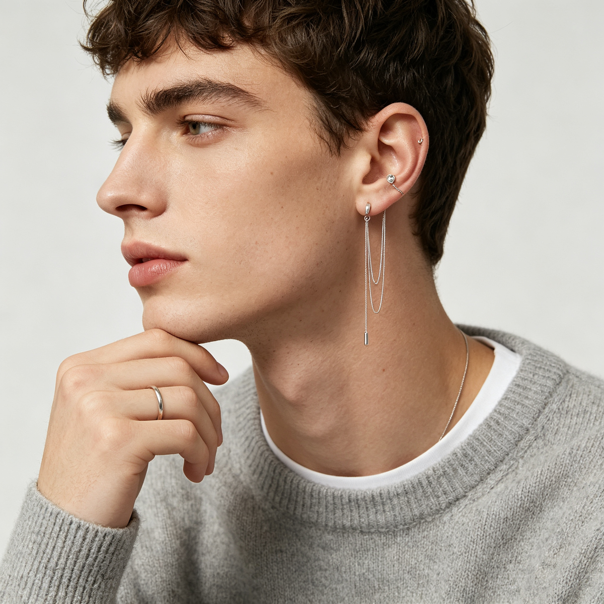 Men Silver Multi‑Layer Chain Tassel Drop Stud Earring Single