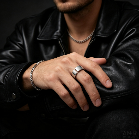 Men Polished Silver Wide Open Cuff Statement Ring
