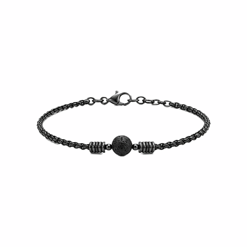 Men Black Chain Bracelet With Natural Lava Rock Bead