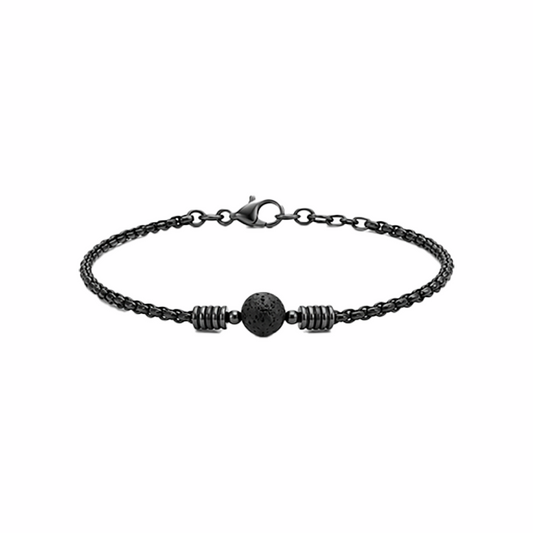 Men Black Chain Bracelet With Natural Lava Rock Bead