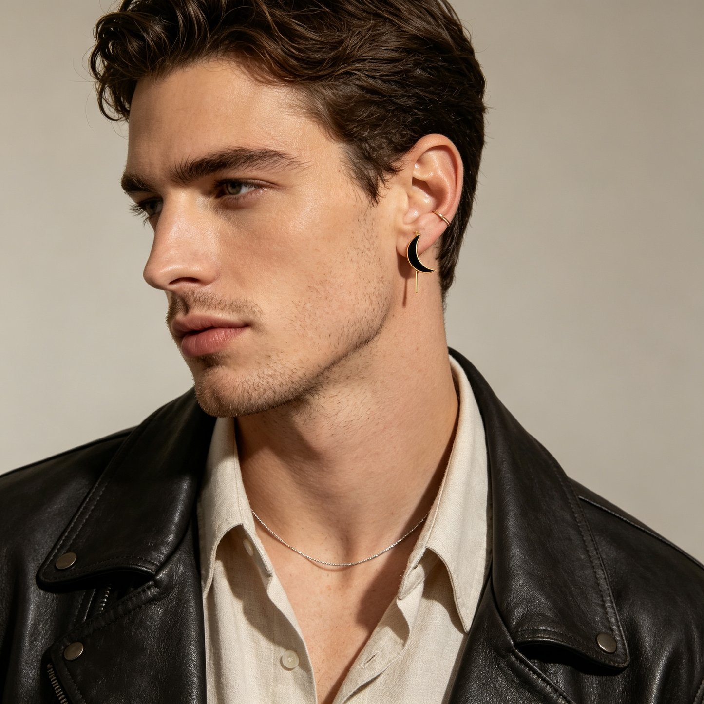 Men Gold‑Tone Black Enamel Crescent Moon Dangle Earring Single