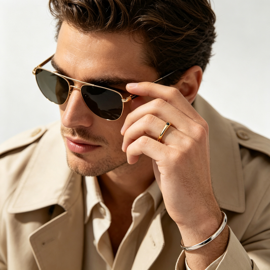 Men Thin Gold Tone Minimal Band Ring With Tiny Black Stone