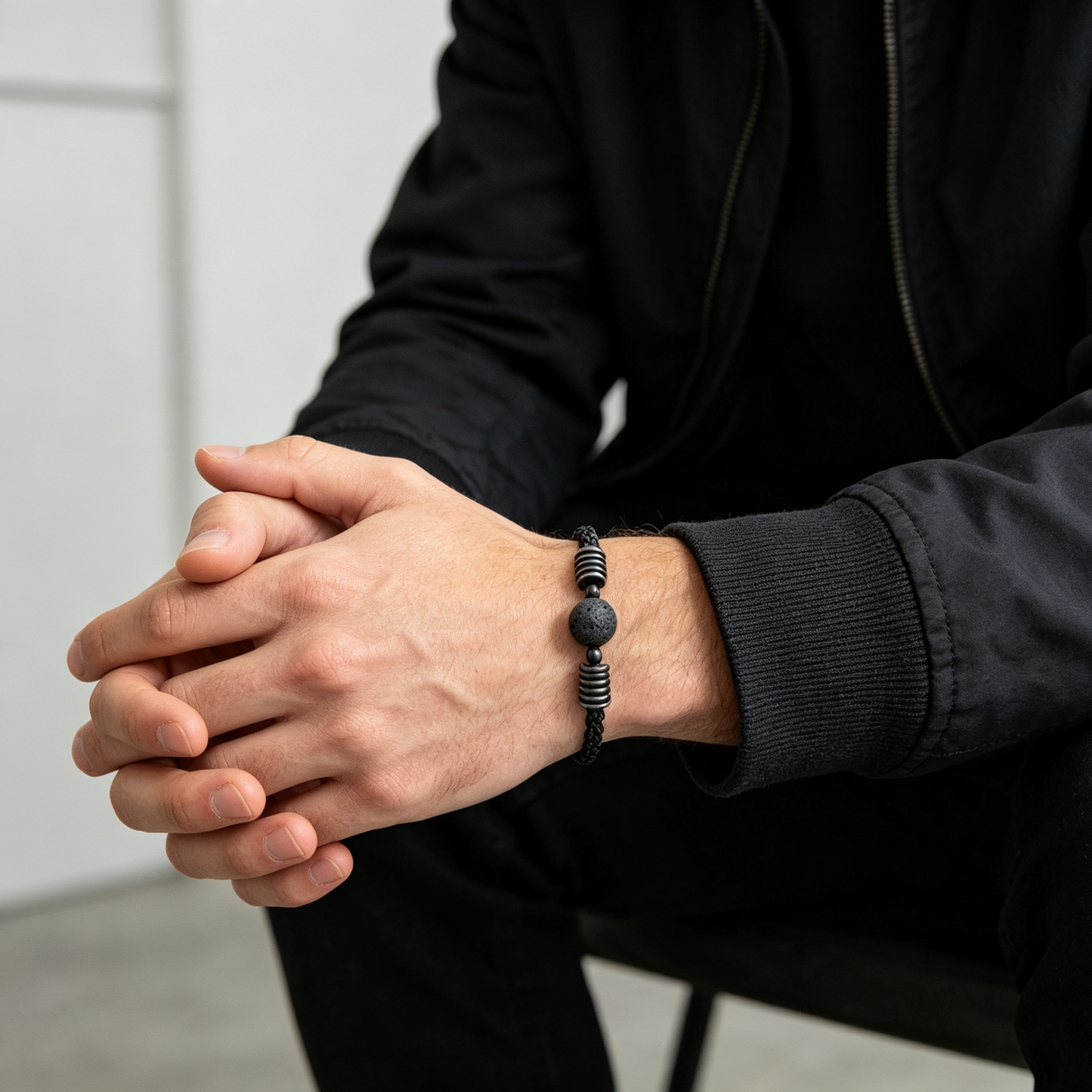 Men Black Chain Bracelet With Natural Lava Rock Bead