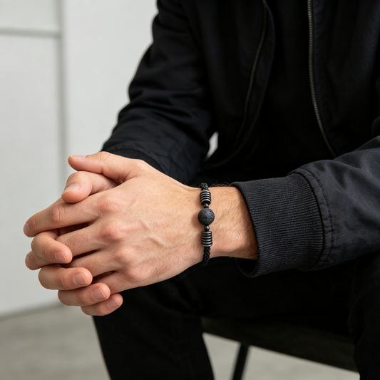 Men Black Chain Bracelet With Natural Lava Rock Bead