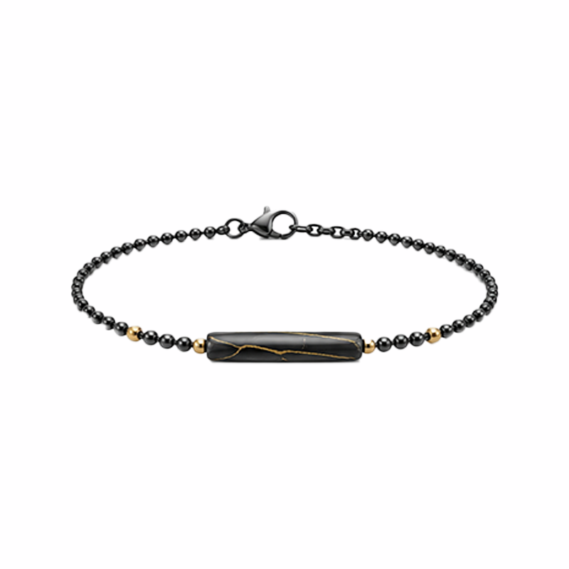 Men Kintsugi Style Gold Vein Black Stone Bar Beaded Chain Bracelet