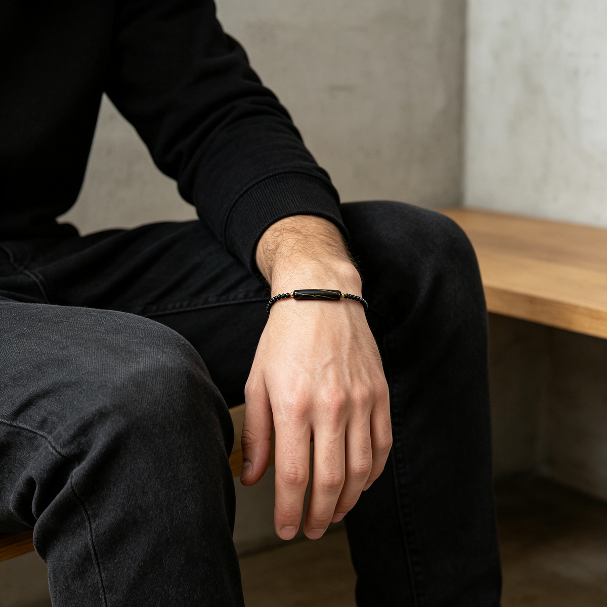 Men Kintsugi Style Gold Vein Black Stone Bar Beaded Chain Bracelet