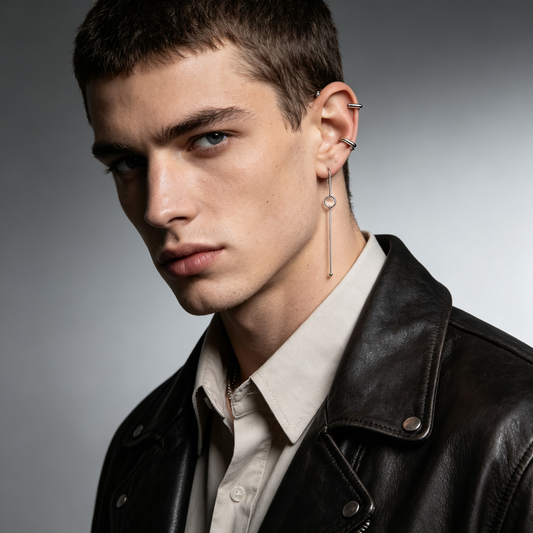 Men Silver Minimal Long Bar Link Drop Stud Earring Single