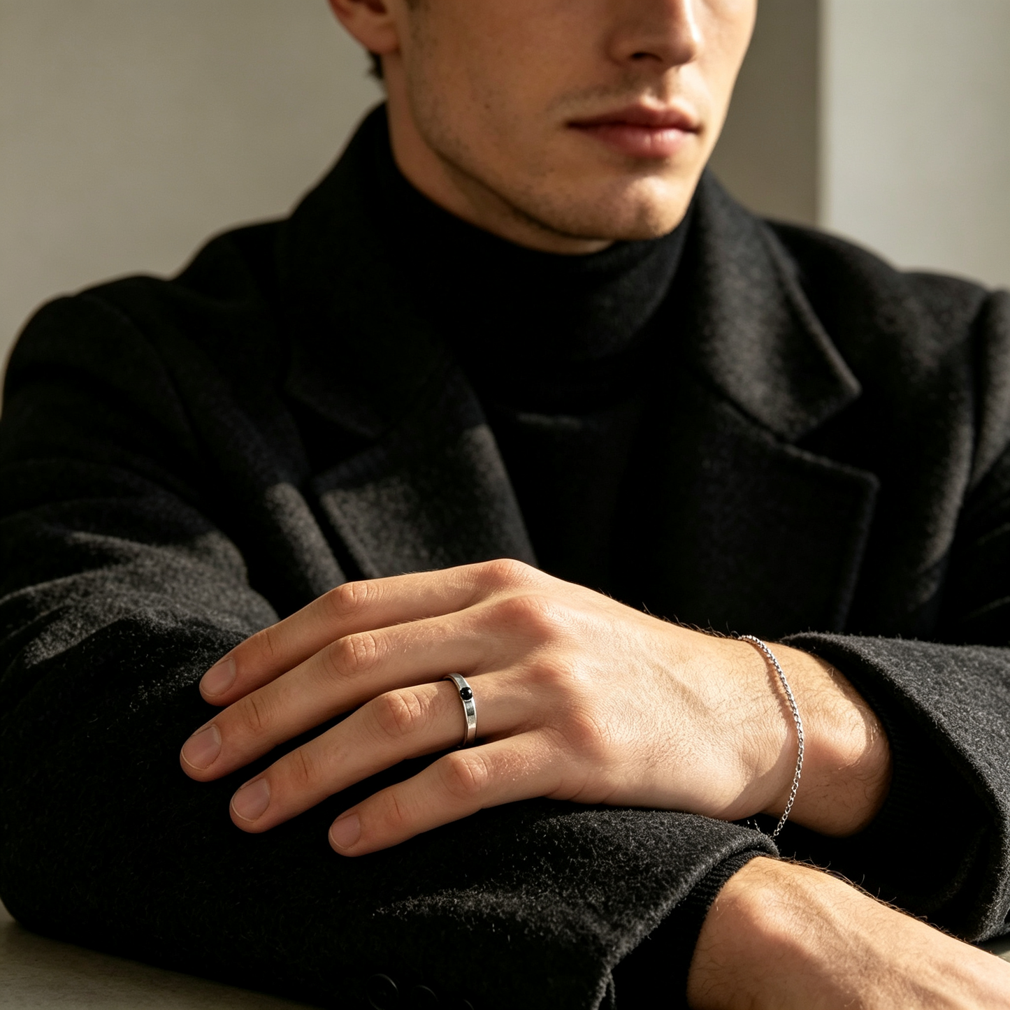 Men Slim Silver Open Ring With Black Round Bead Accent