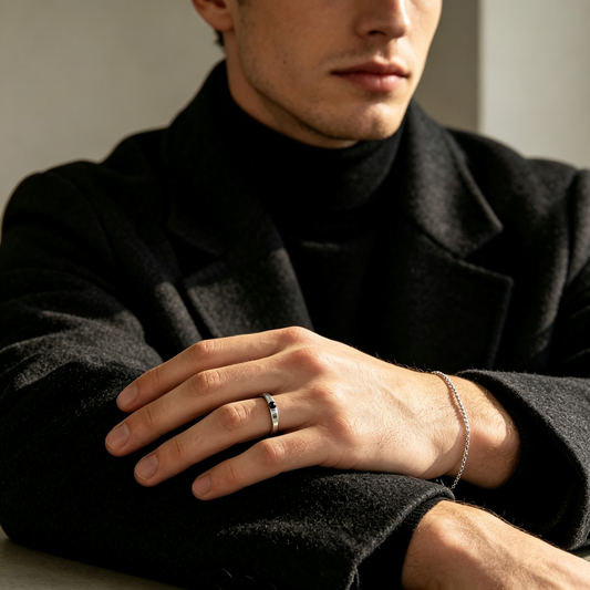 Men Slim Silver Open Ring With Black Round Bead Accent