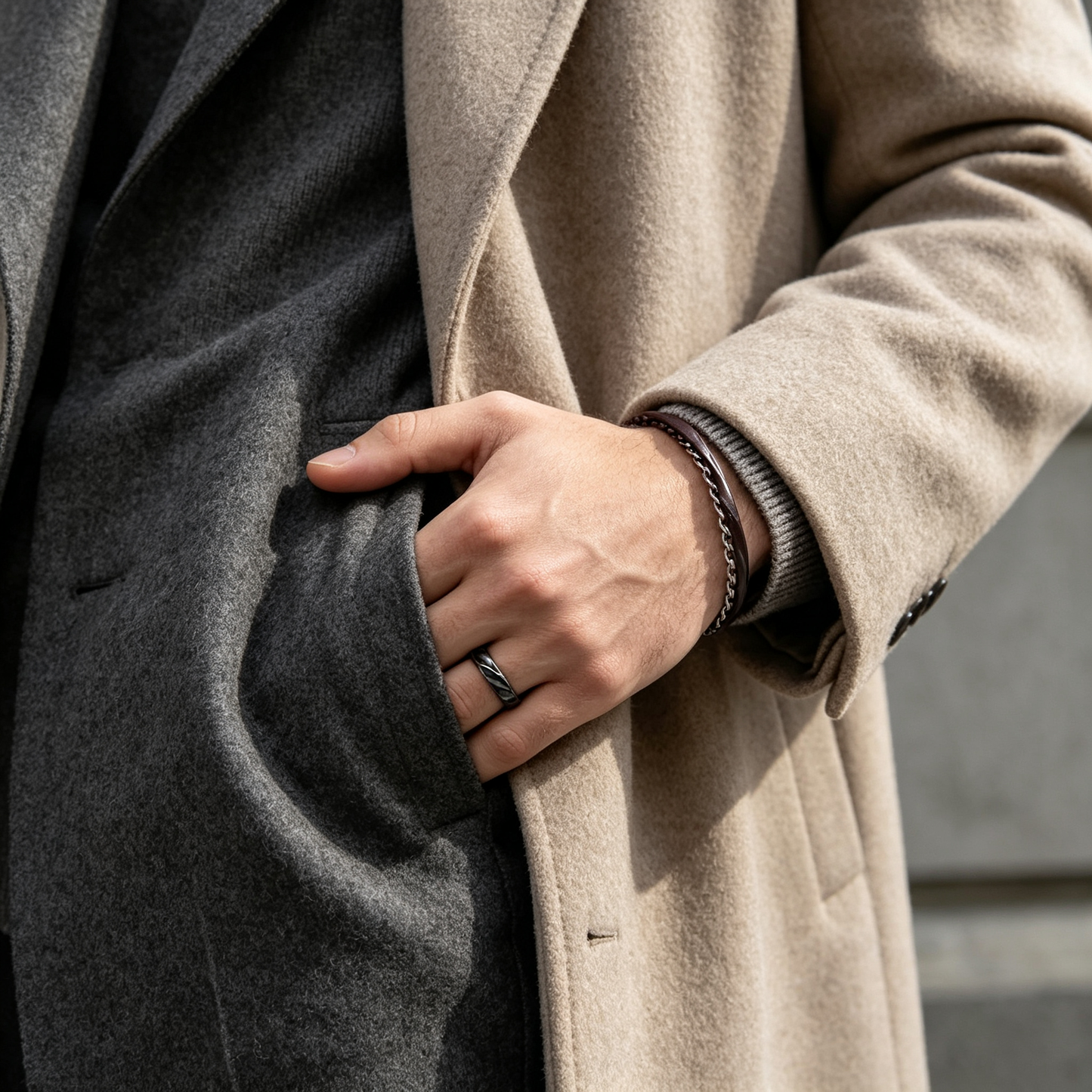 Men Black Twisted Faceted Thin Band Ring