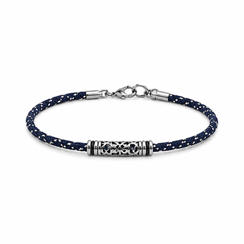 Men Navy Blue Braided Rope Bracelet Hollow Cutout Stainless Steel