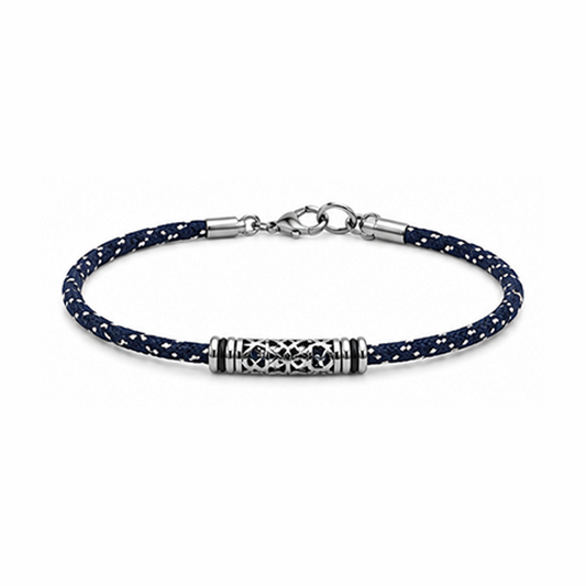 Men Navy Blue Braided Rope Bracelet Hollow Cutout Stainless Steel