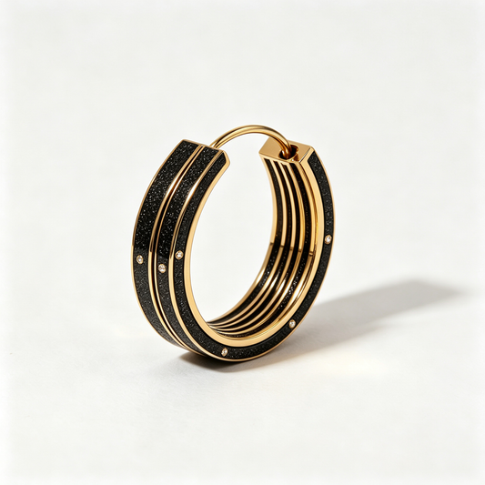 Men Gold‑Tone Black Glitter Multi‑Layer Hoop Earring With Tiny Crystals Single