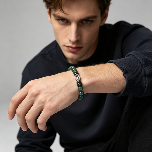 Men Natural Green Jade Beaded Bracelet Vintage Retro Gemstone