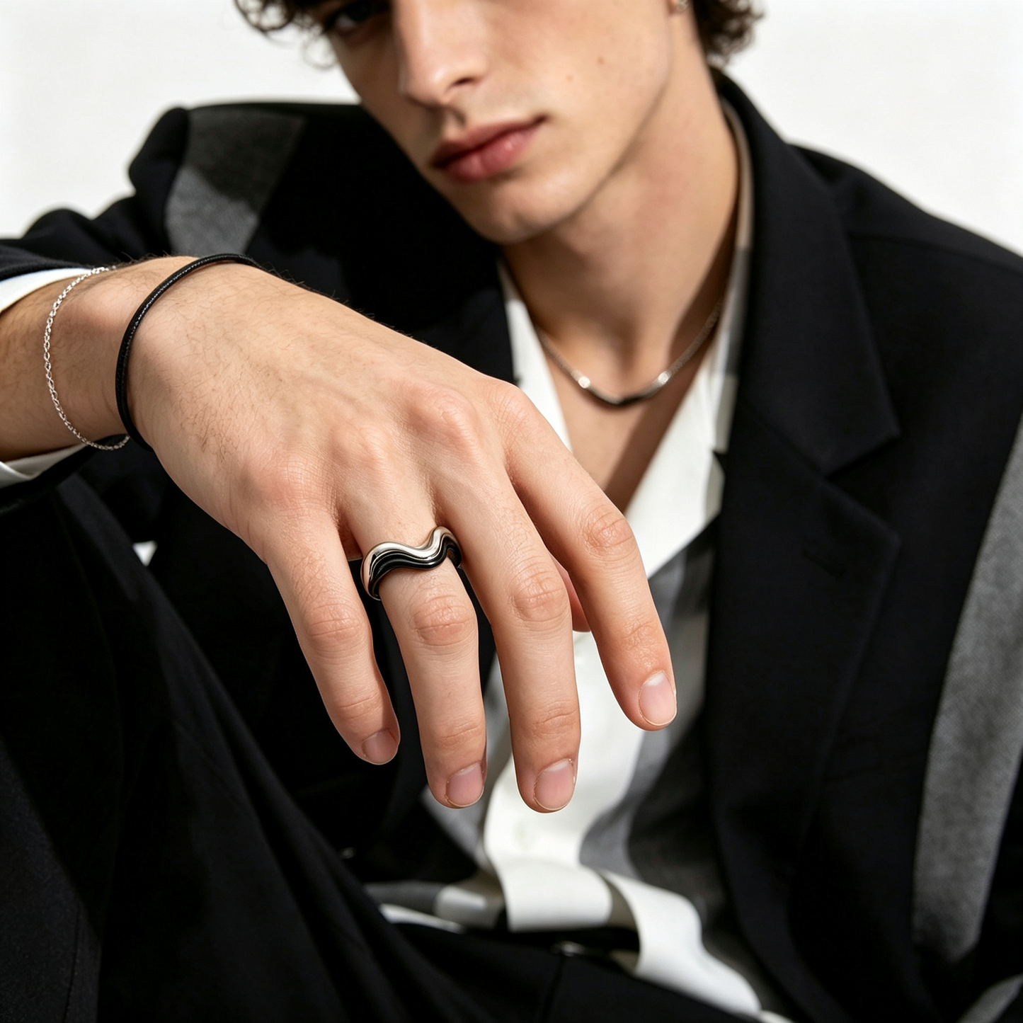 Men Two‑Tone Wavy Open Cuff Ring