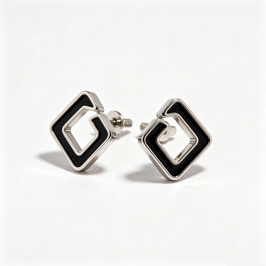 Men Silver Geometric Square Hollow Stud Earrings Black Enamel Inlay Pair