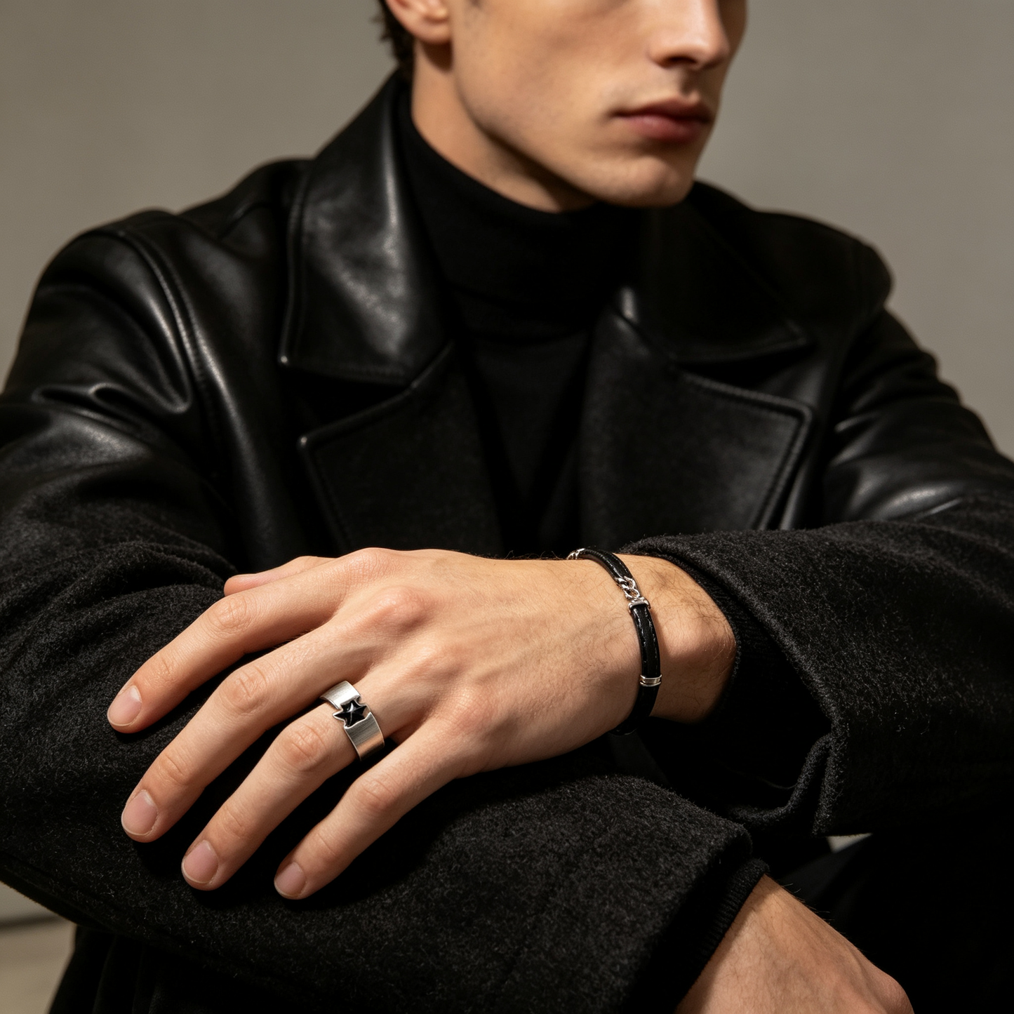 Men Gunmetal Brushed Band Ring With Single Black Round Gemstone