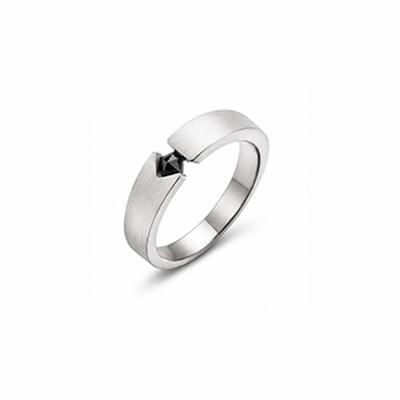 Men Gunmetal Brushed Band Ring With Single Black Round Gemstone