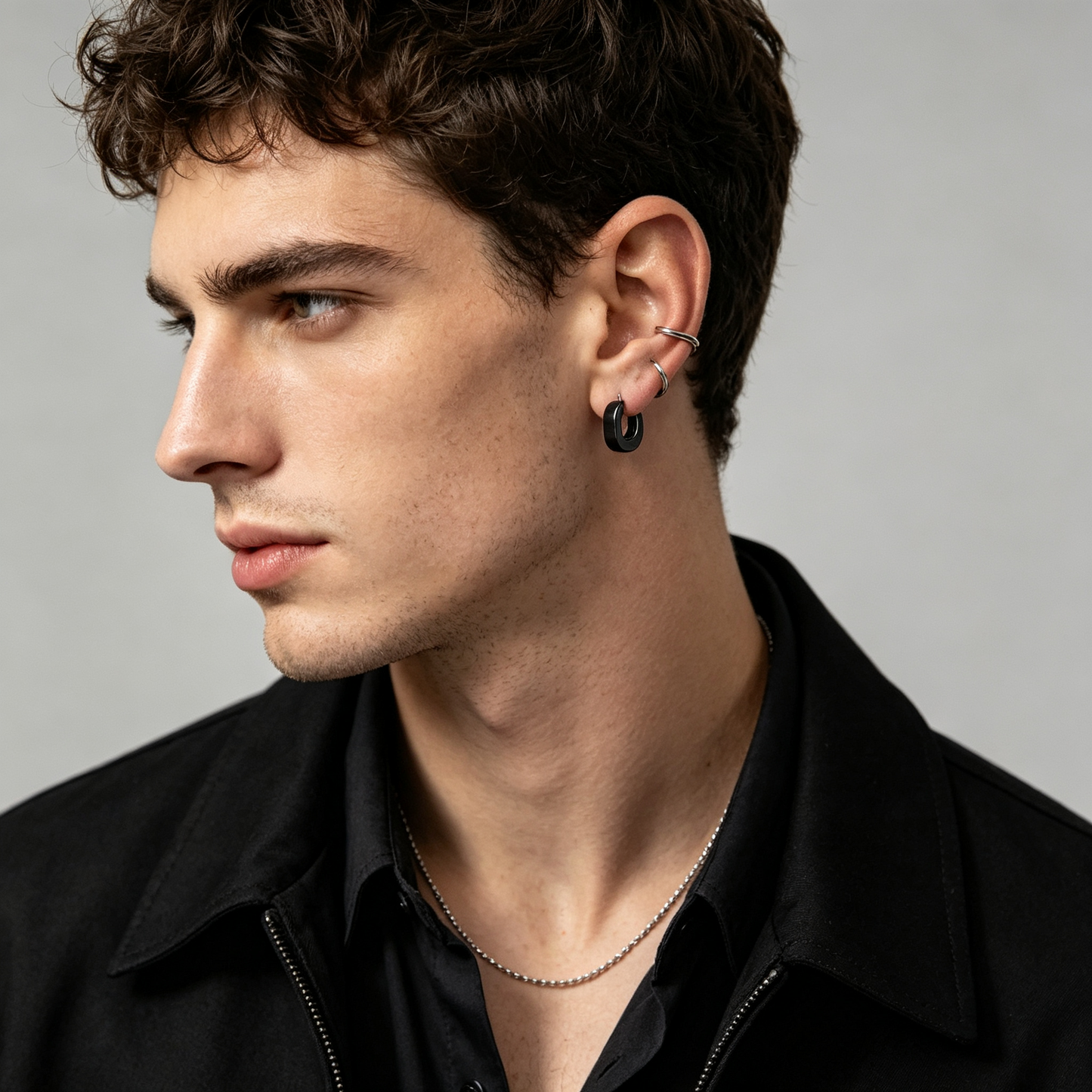 Men Matte Black Square U‑Shape Huggie Hoop Earring Single