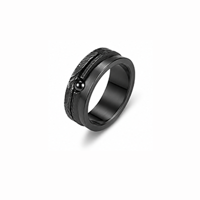 Men Matte Black Spinner Ring Textured Band With Black Round Bead Accent