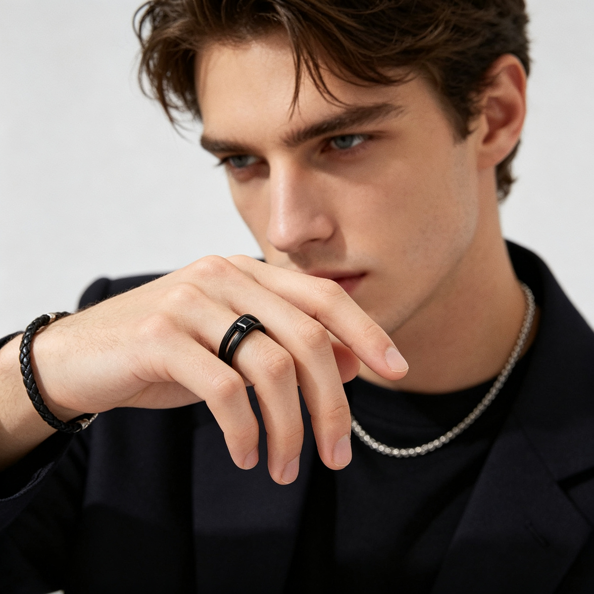 Men Black Double Split Band Ring Inlaid Square Black Stone