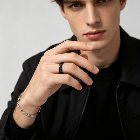 Men Black Double Split Band Ring Inlaid Square Black Stone