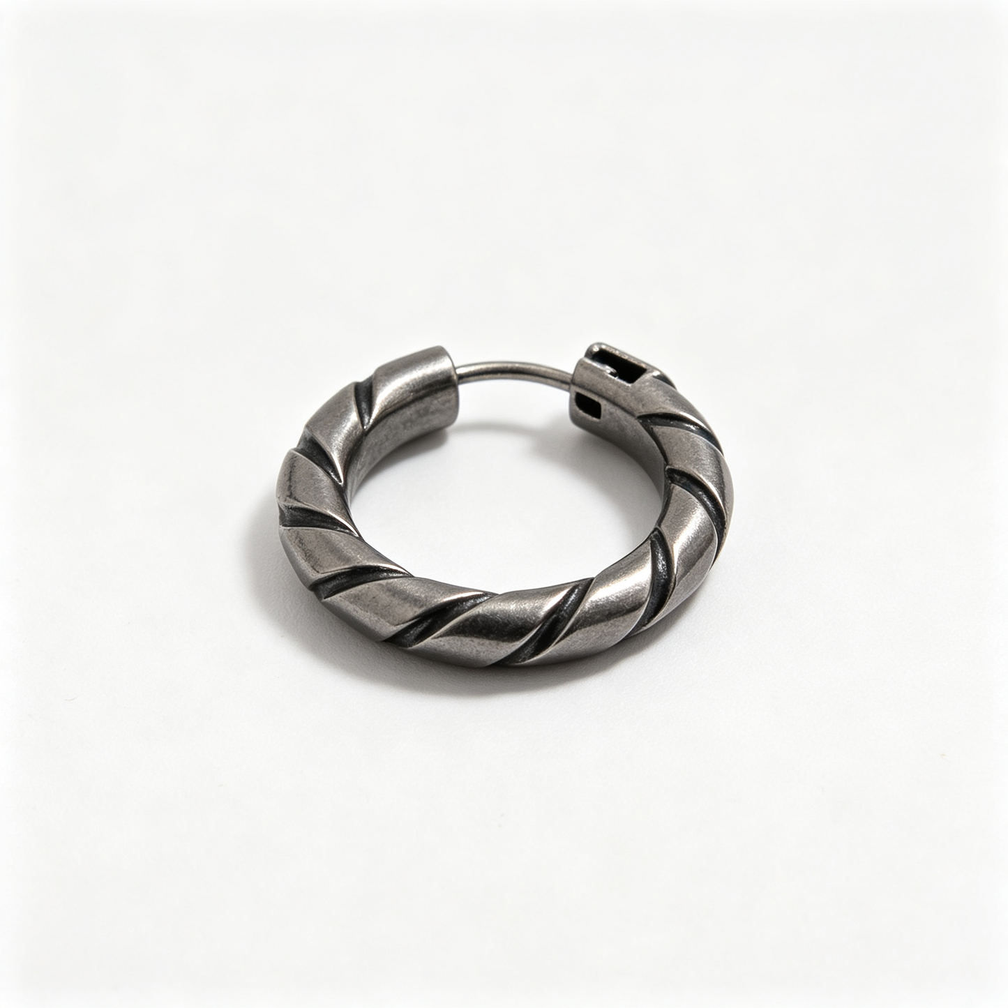 Men Antique Silver Twisted Rope Huggie Hoop Earring Single