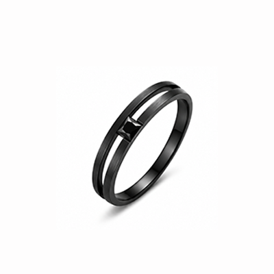 Men Black Double Split Band Ring Inlaid Square Black Stone
