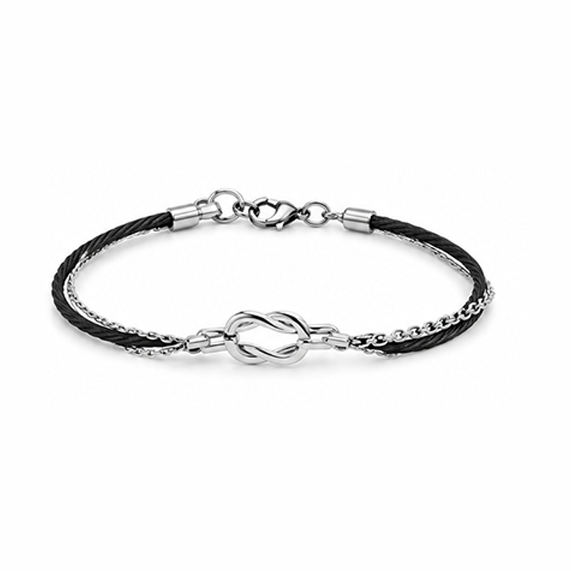 Men Infinity Knot Black Cord & Silver Chain Mixed Bracelet Lobster Clasp