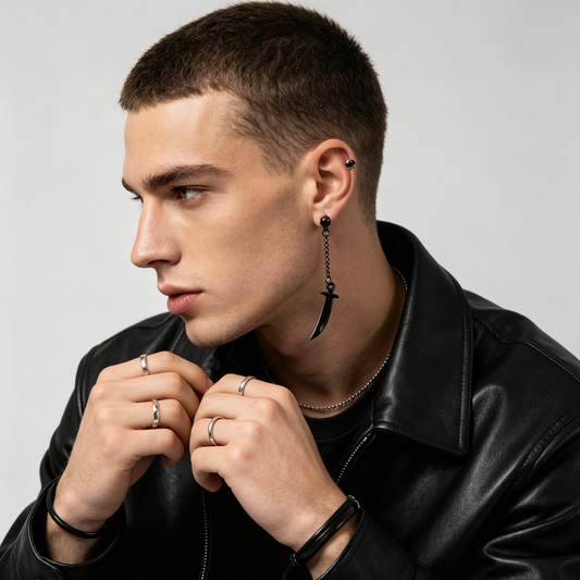 Men Black Chain Dagger Sword Charm Dangle Stud Earring Single