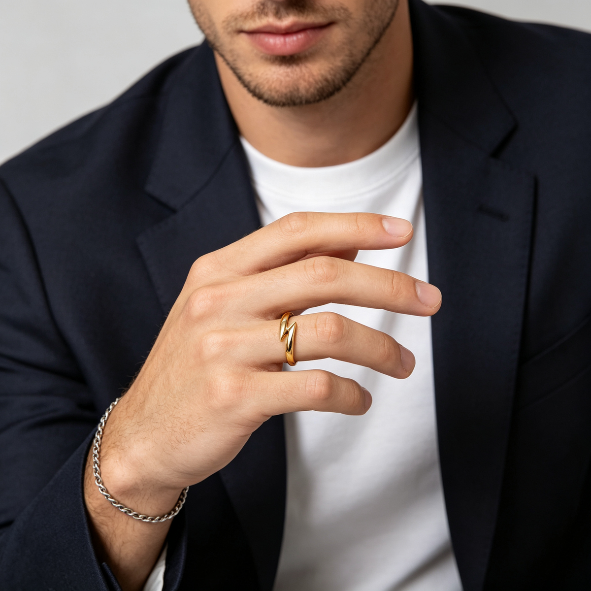 Men Gold Tone Open Cuff Ring Tapered Pointed Split Ends