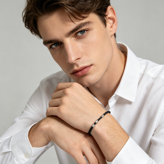 Men Black Braided Leather Bracelet Matte Stainless Steel Beads Toggle Clasp